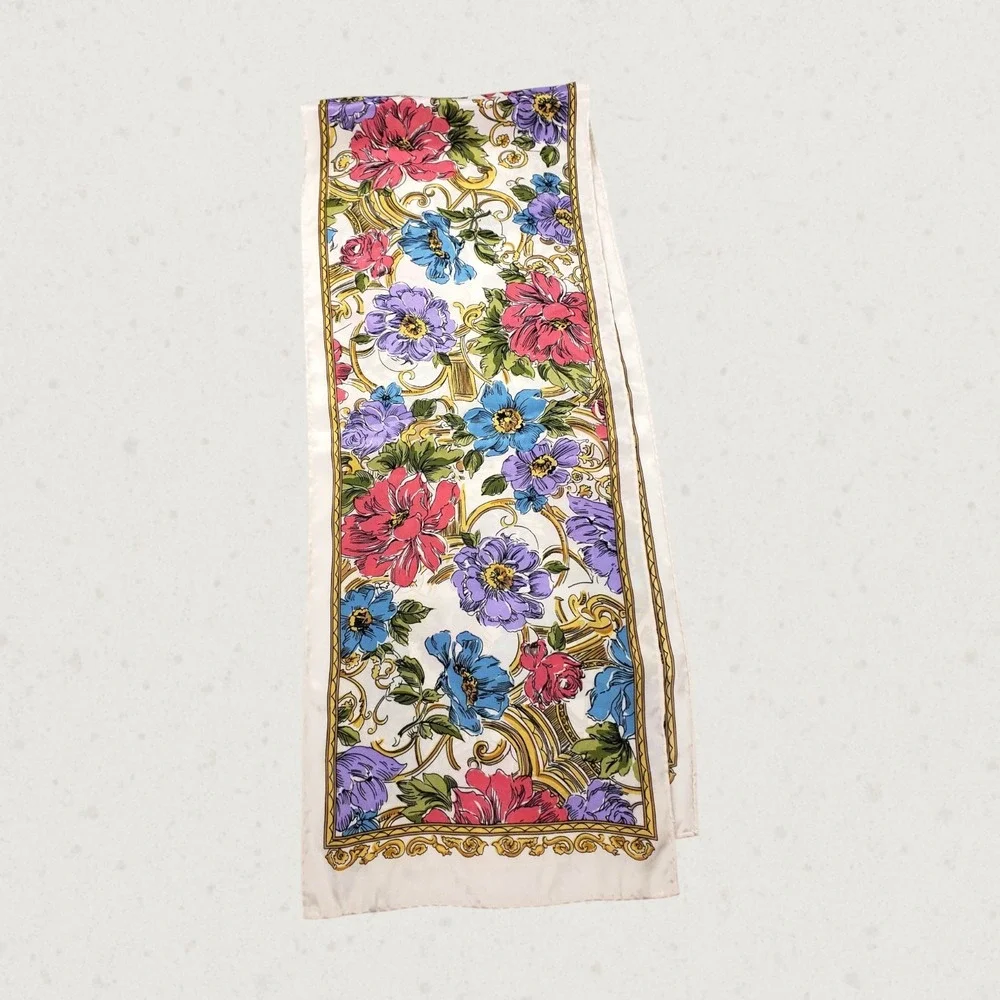 Vintage Style Floral Baroque Oblong Scarf Cream Pink Blue Gold Silk Feel Long